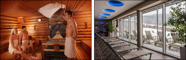 Saunové rituály ve Wellness Horal. Po saunování se můžete zchladit venku ve sněhu.