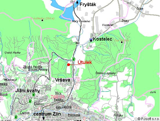 Mapa k útulku pro zvířata Zlín-Vršava